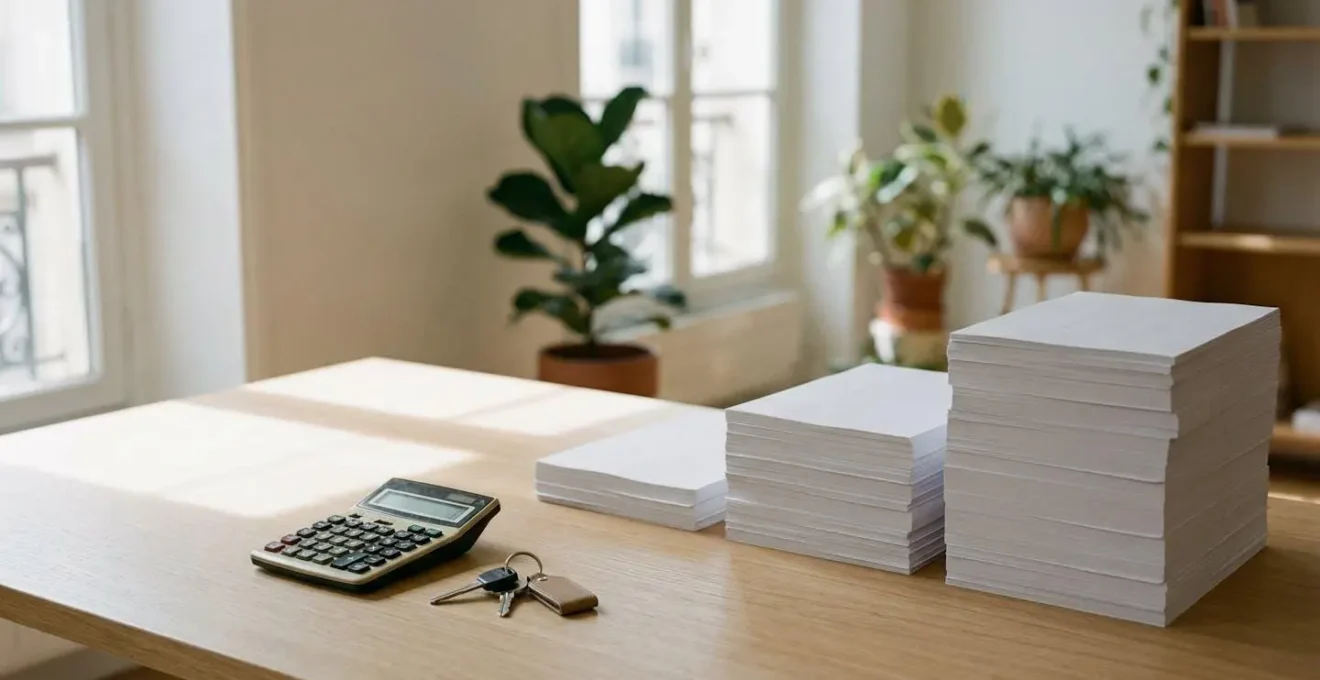 Bureau avec calculatrice, documents contractuels et clés de voiture, mise en scène comparative