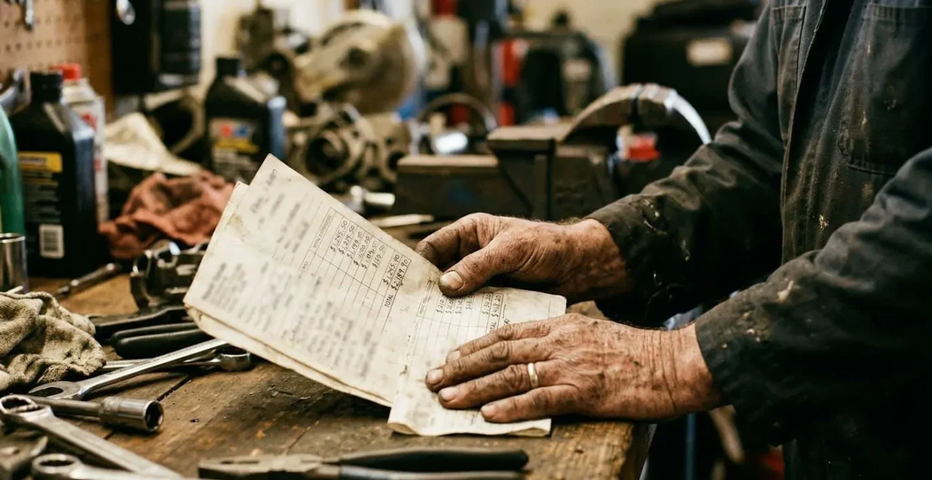 Gros plan sur des mains comparant deux devis de réparation automobile sur une table d'atelier