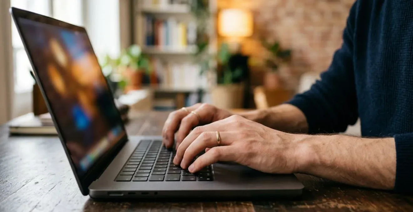 Mains tapant sur un clavier d'ordinateur portable avec écran flou montrant des formulaires