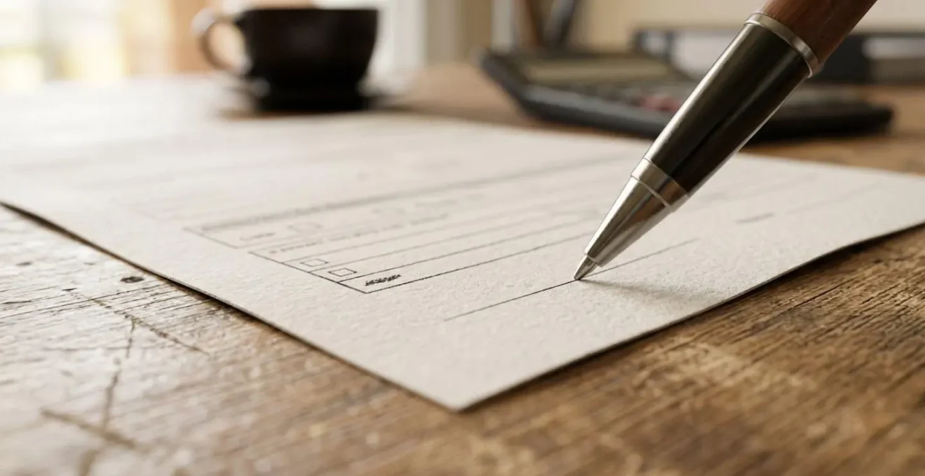 Vue macro de documents d'assurance posés sur un bureau avec stylo et calculatrice floutés en arrière-plan