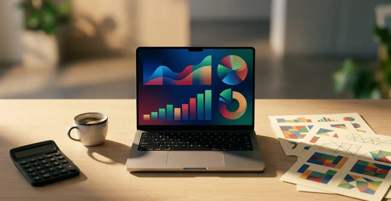 Bureau moderne avec ordinateur portable montrant des graphiques abstraits et une calculatrice