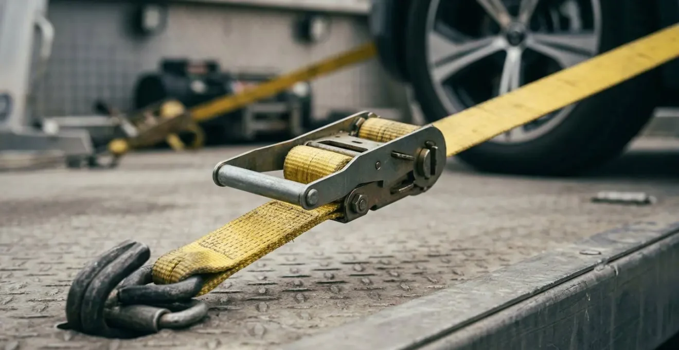 Dépanneuse plateau chargeant une voiture électrique avec sangles de sécurité visibles