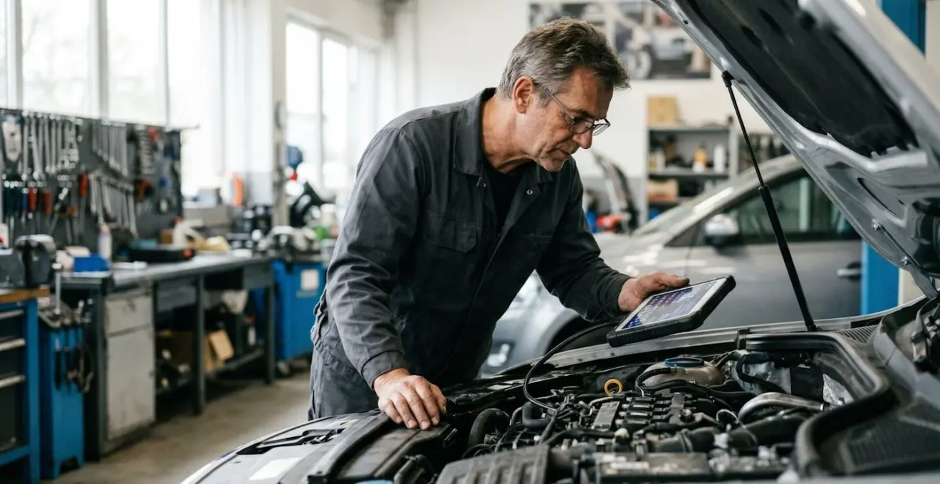 Mécanicien effectuant un diagnostic automobile avec tablette numérique dans un atelier moderne