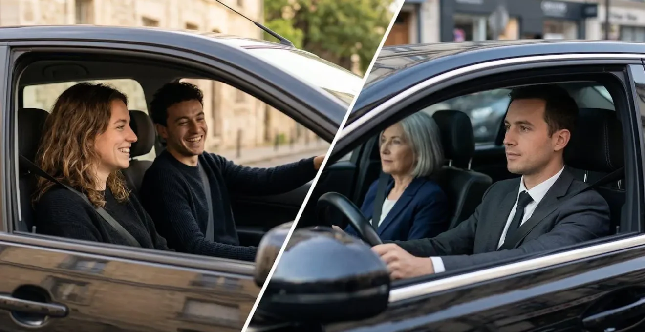 Composition visuelle montrant la différence entre covoiturage amical et transport professionnel