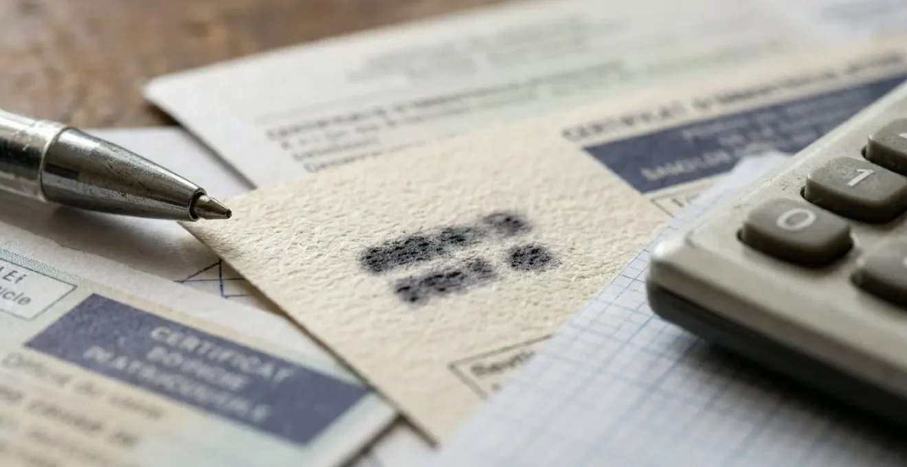 Documents d'assurance auto organisés sur une table avec calculatrice et stylo