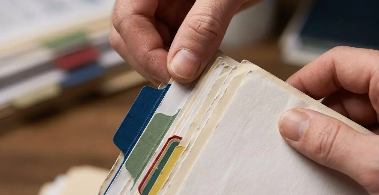 Gros plan sur des mains organisant méthodiquement des documents d'entretien automobile