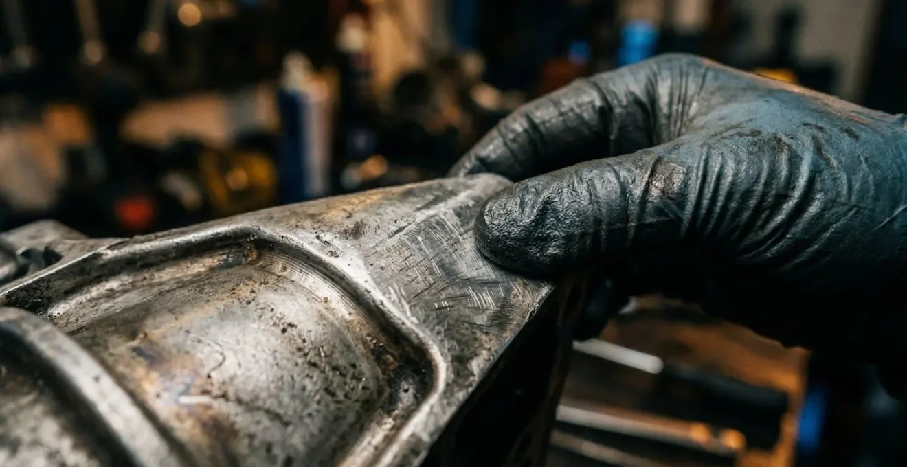Vue macro d'une main inspectant minutieusement la surface d'une pièce automobile