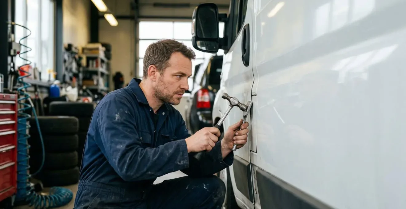Mécanicien travaillant sur la carrosserie d'un véhicule utilitaire dans un atelier automobile professionnel