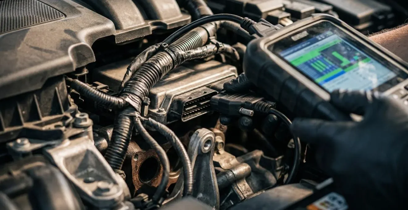 Expert automobile inspectant le compartiment moteur d'un véhicule avec équipement de diagnostic