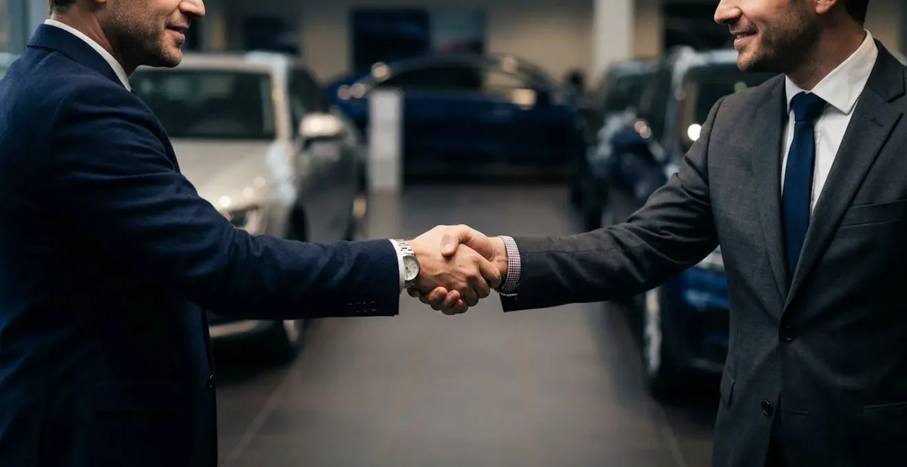 Poignée de main professionnelle entre client et vendeur dans une concession automobile moderne