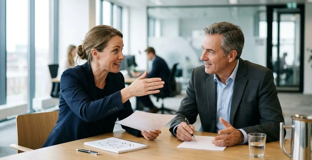Négociation professionnelle d'un contrat d'assurance flotte dans un bureau moderne