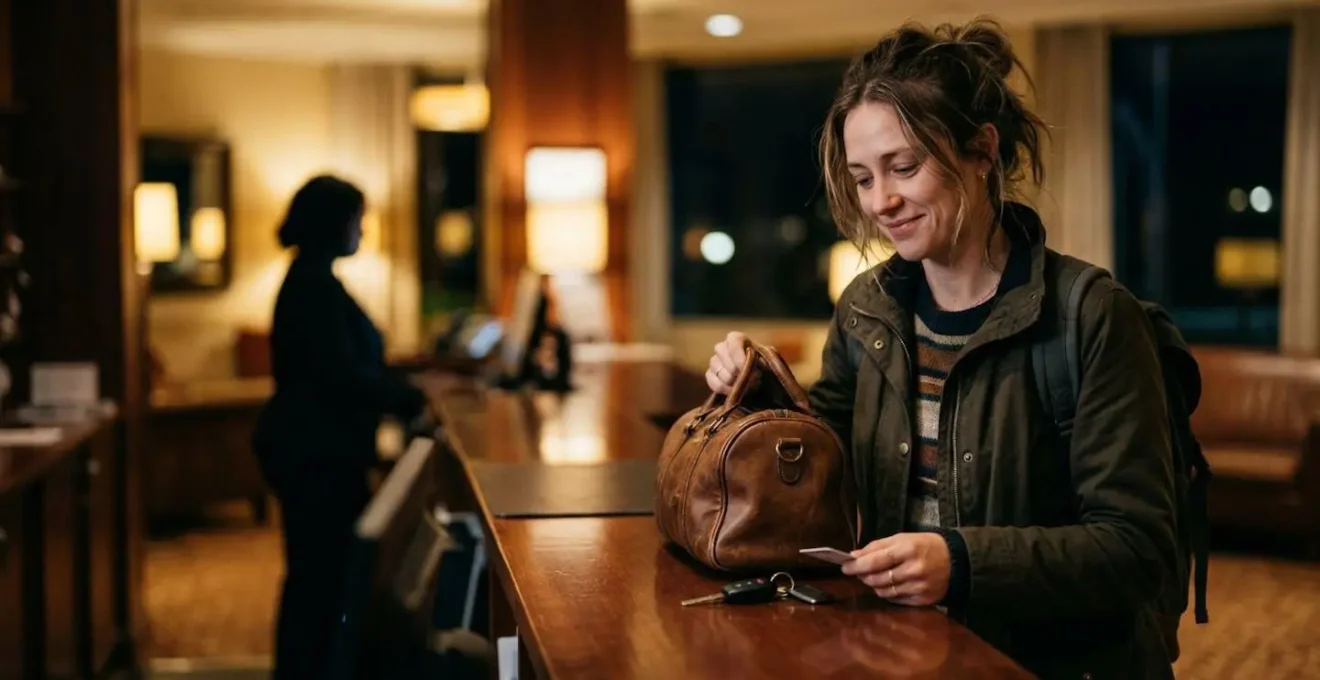 Réception d'hôtel la nuit avec voyageur tenant une valise et clés de voiture
