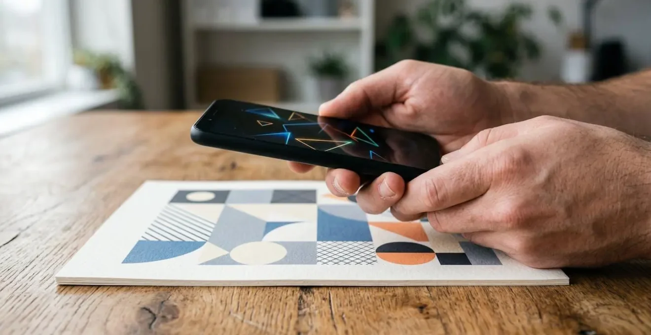 Mains tenant un smartphone au-dessus de documents administratifs posés sur une table