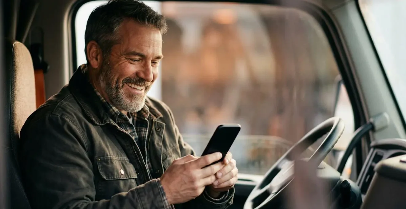 Conducteur professionnel consultant son score de conduite sur une application mobile dans un véhicule d'entreprise