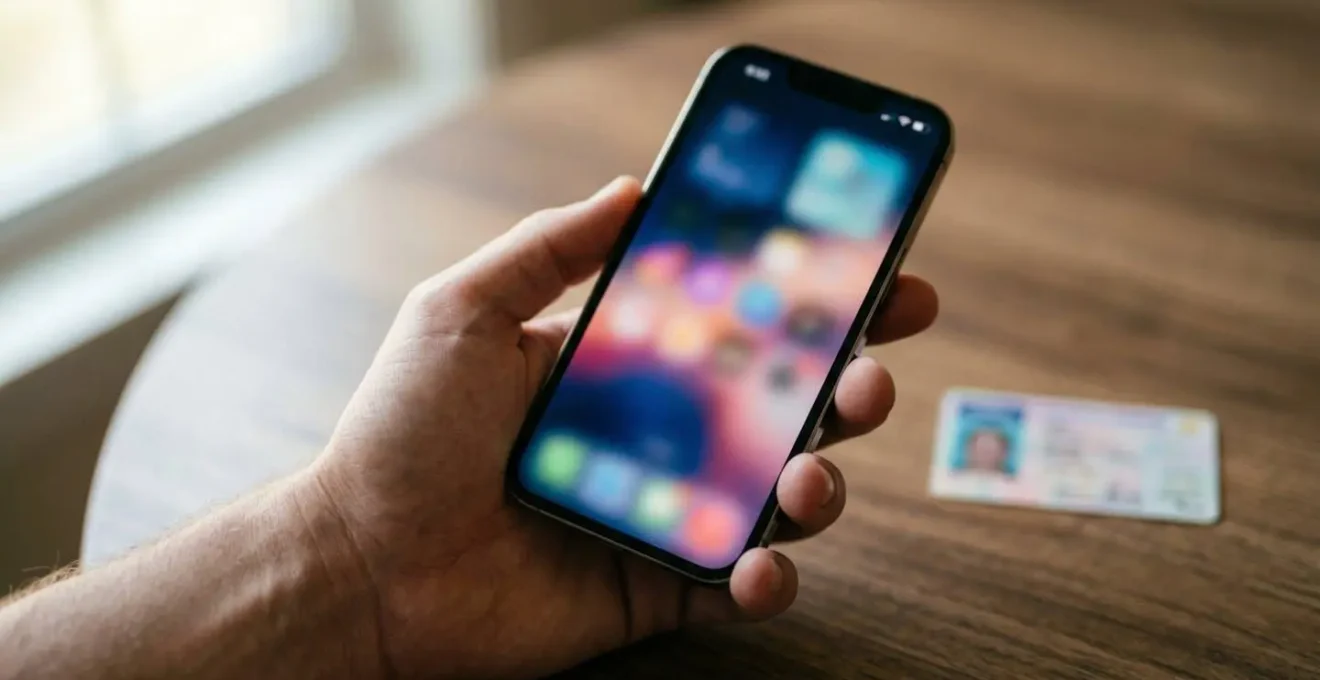 Main tenant un smartphone montrant un écran flou avec des éléments graphiques abstraits, permis de conduire visible en arrière-plan
