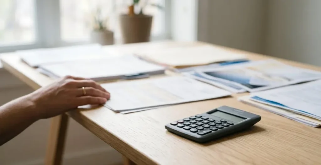 Vue minimaliste d'une calculatrice et documents d'assurance flous